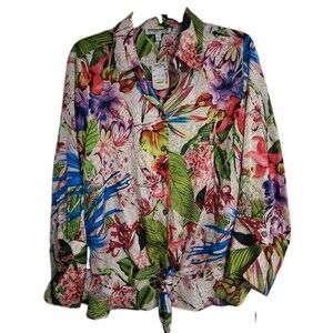NWT Women's Mishca Tropical Long Sleeve Tie Front Top Size L